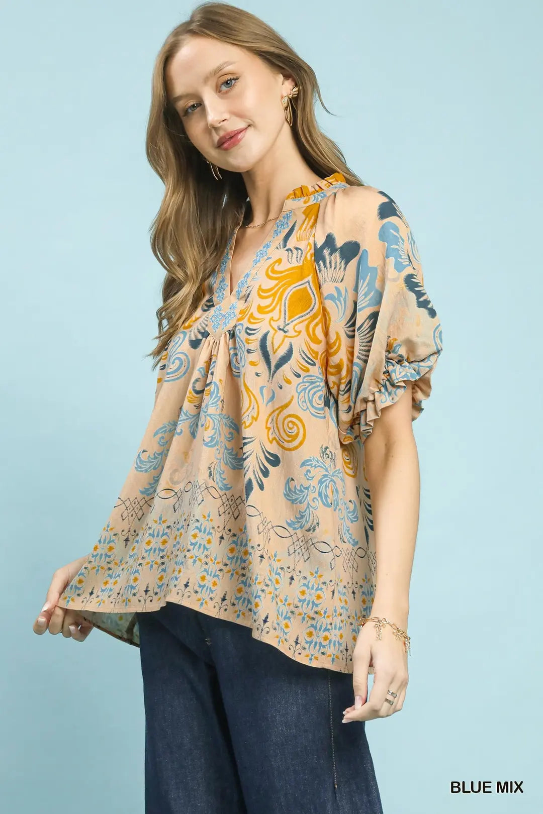 Umgee Border Print Puff Sleeve V-Neck Blouse-Blue Mix