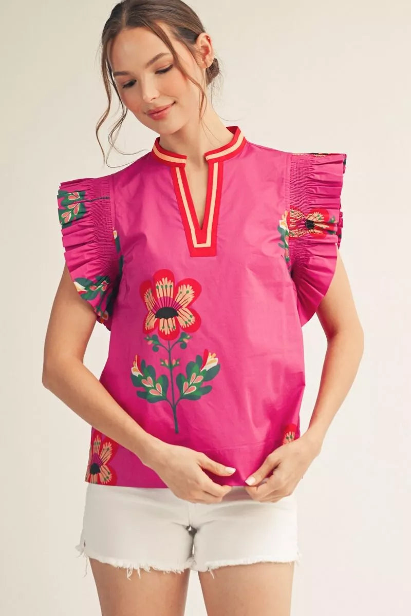 Jodifl Ruffled sleeves floral print woven top-Fuchsia