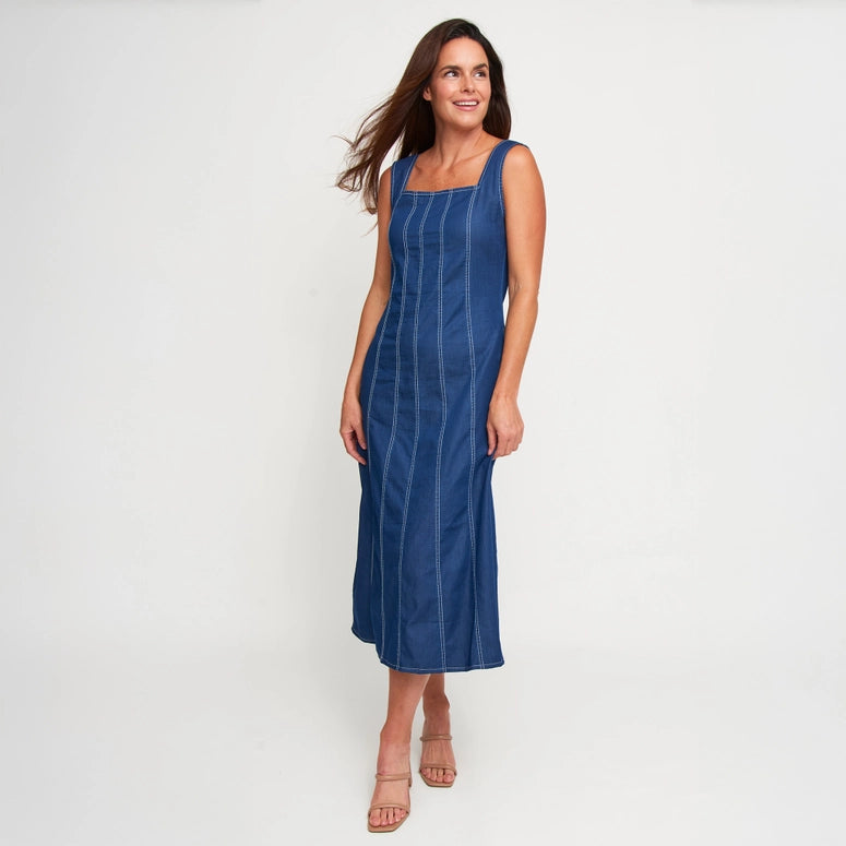 Elsie & Zoey Midi Dress Elle Sleeveless Stretch Denim Square Neck