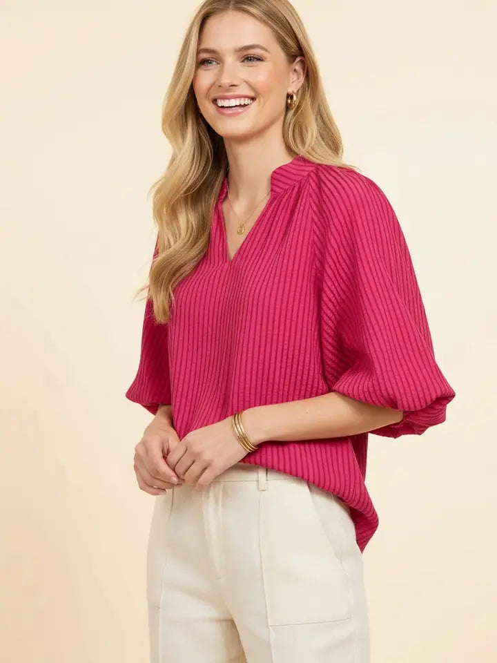 Heimish Vertical Stripe Bubble Sleeve Scallop Hem Blouse