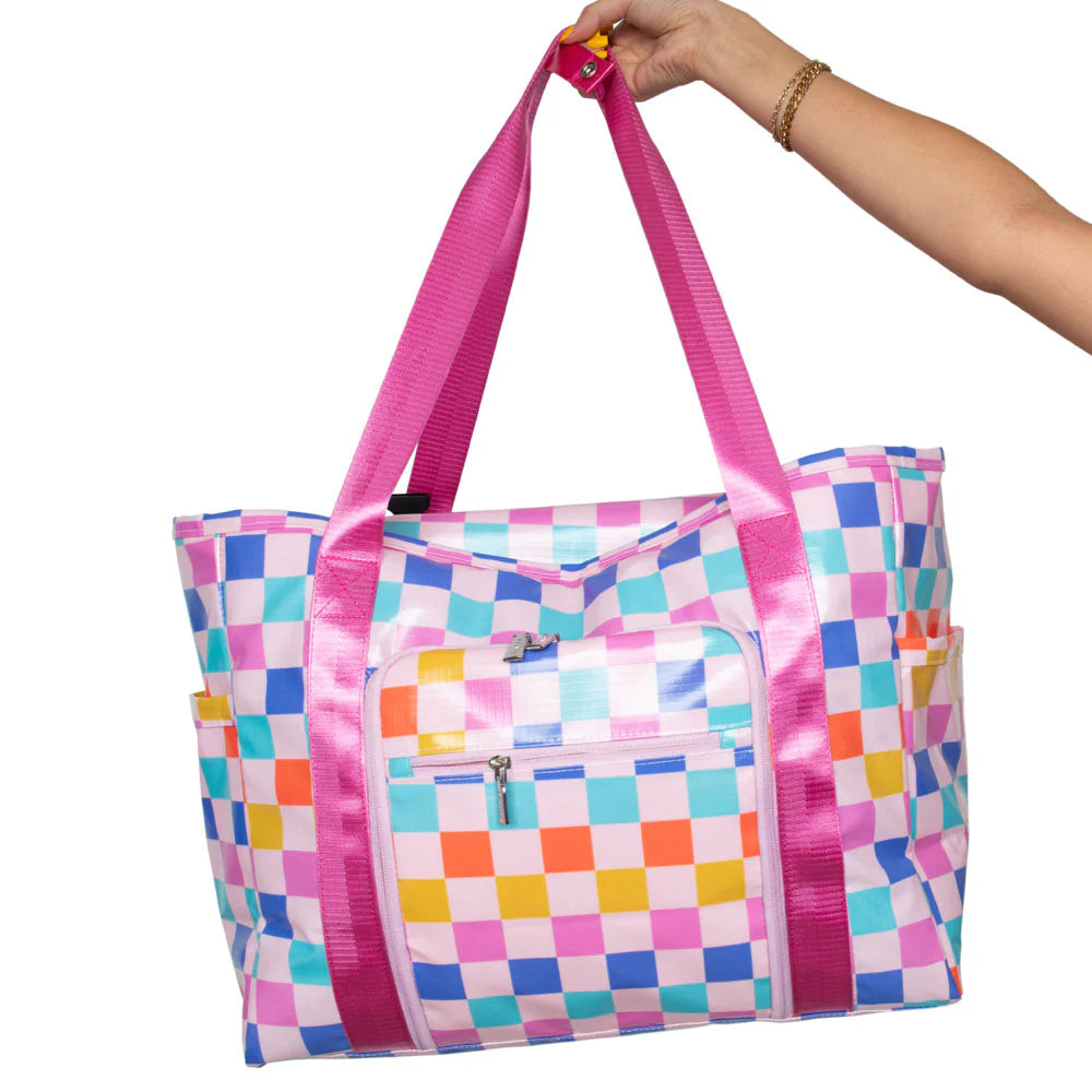 KATYDID MULTICOLORED CHECKERED FOLDABLE LARGE TOTE BAG