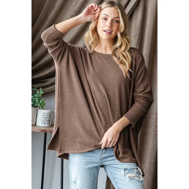 Heimish Long Sleeve Solid Urban Ribbed Top-Camel