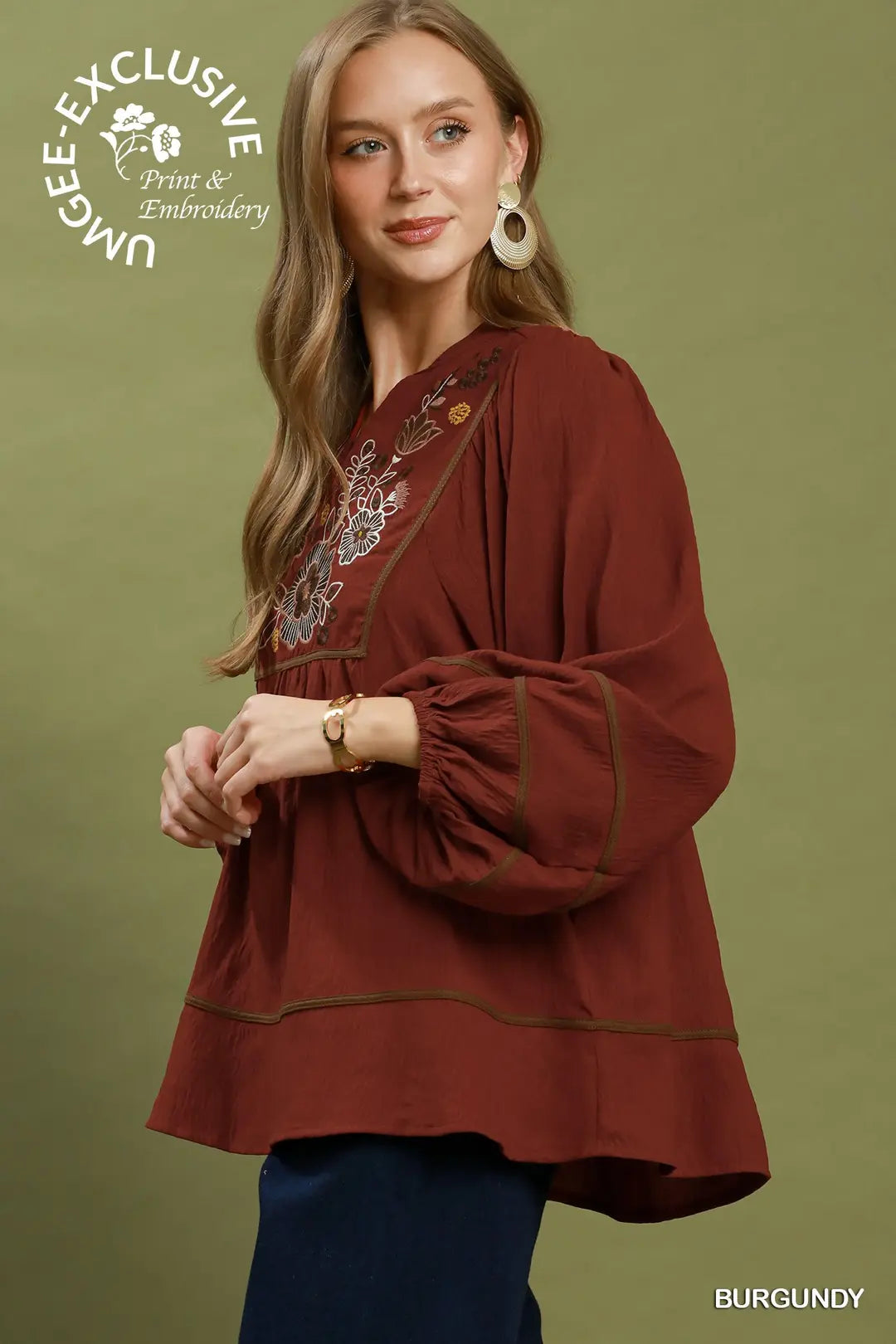 Umgee Floral Embroidered Split Neck Babydoll Blouse-Burgundy
