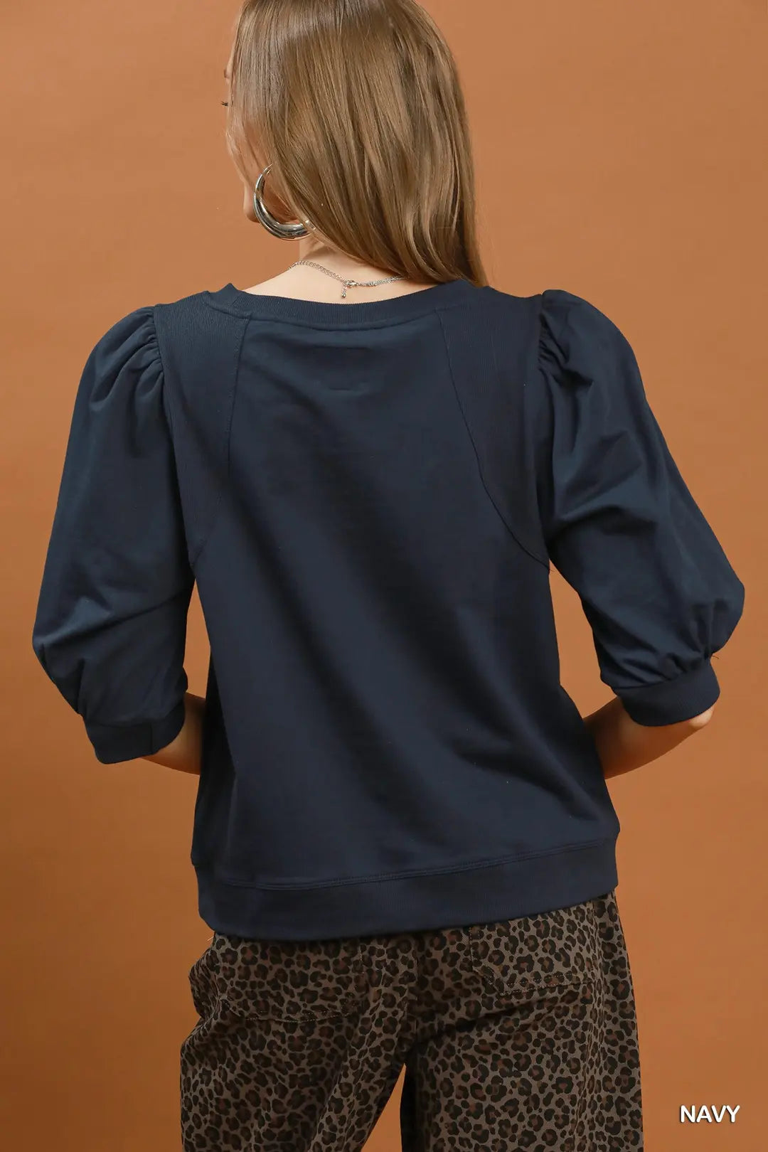 Umgee Puff Sleeve Pullover Sweatshirt Top