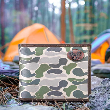 ZEP-PRO BUCK MEN'S BIFOLD OLD SCHOOL CAMO LEATHER WALLET.-COLOR: Green/Gray Camo