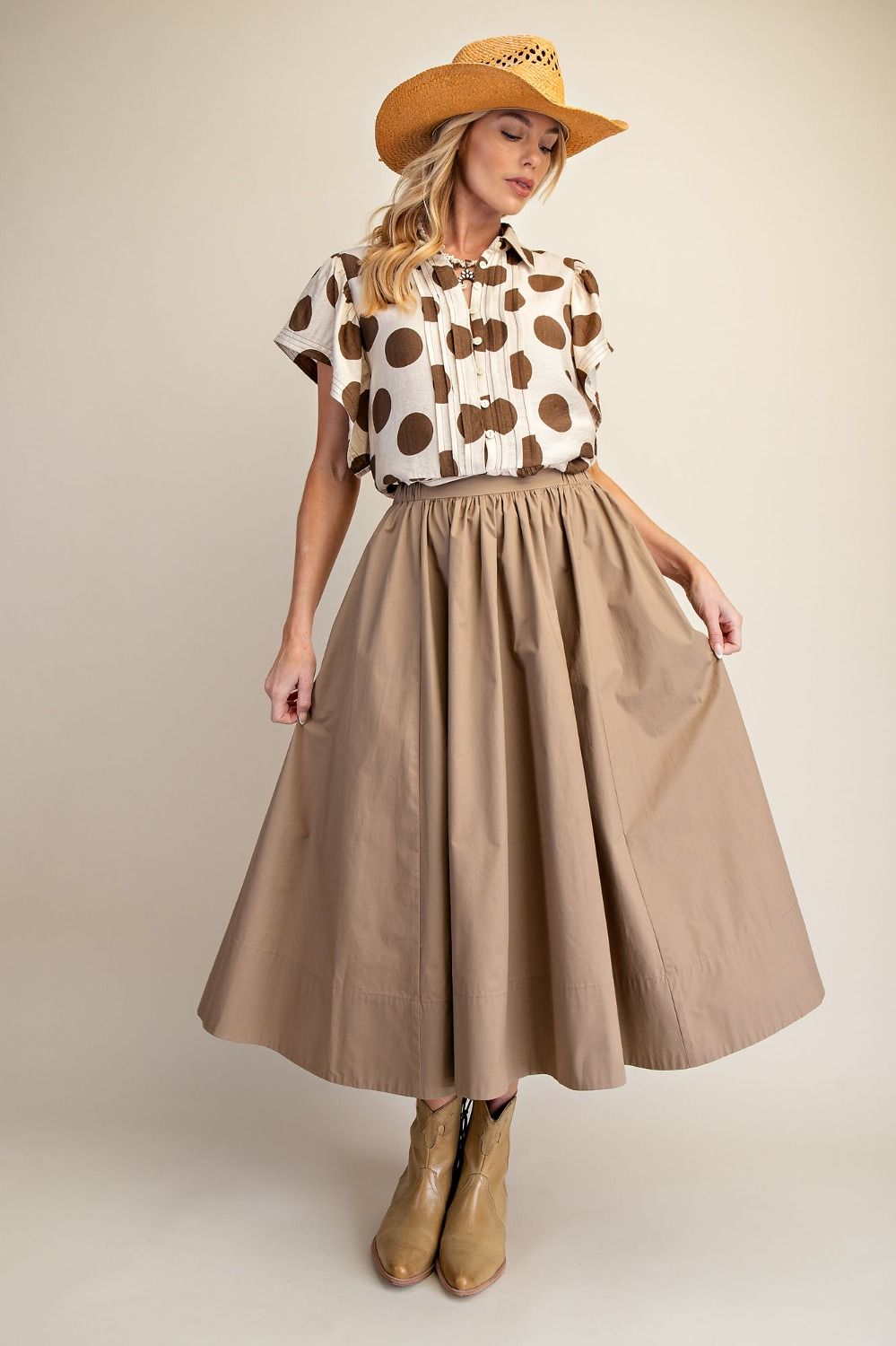 EASEL POLKA DOTS BUTTON DOWN RUFFLE TOP-KHAKI