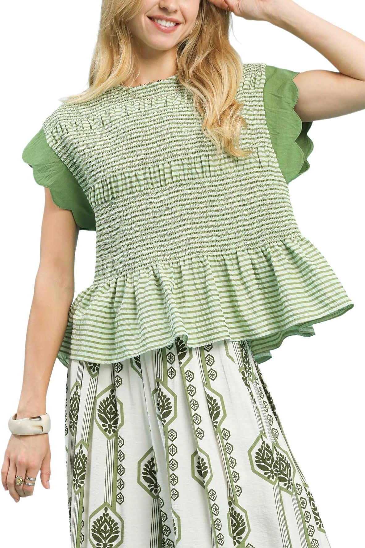 Umgee Stripe Ruffle Sleeve Peplum Top-Sage