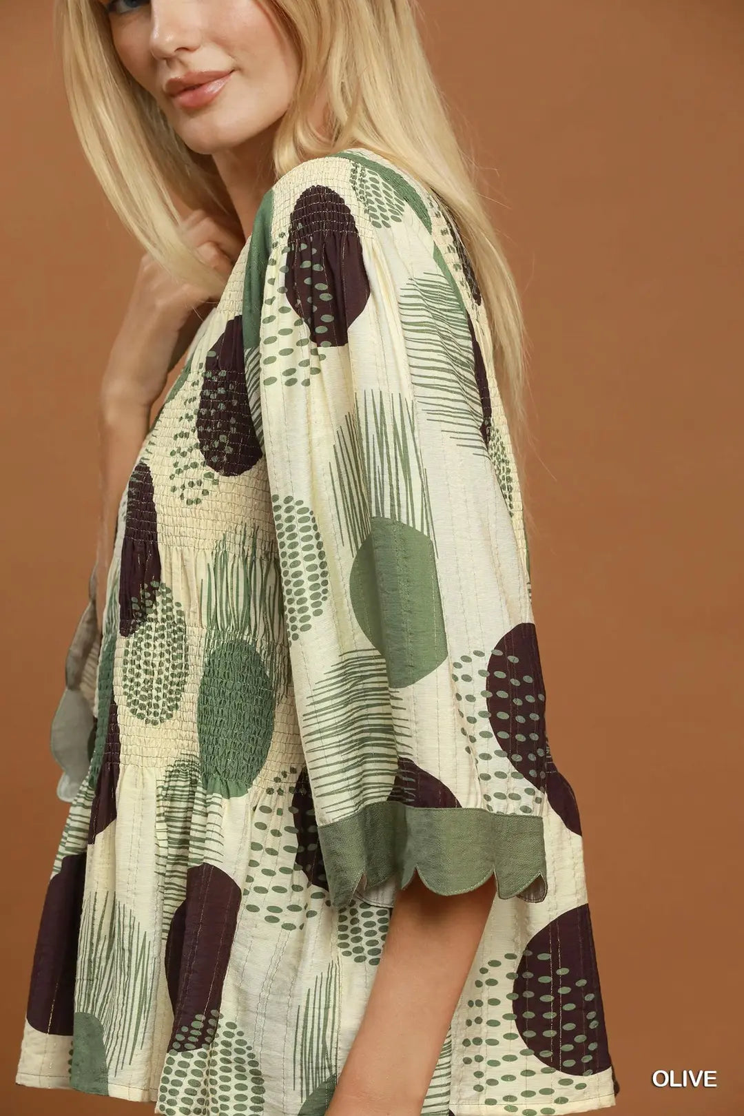 Umgee Abstract Dot Smocked Peplum Top