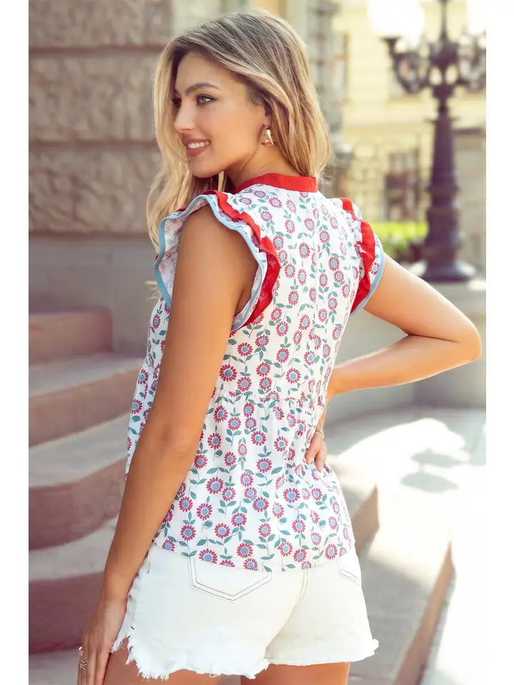 Sunflower Printed Contrast Trim V Neck Flutter Sleeve Blouse