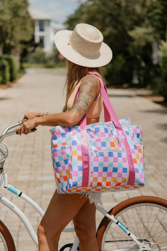 KATYDID MULTICOLORED CHECKERED FOLDABLE LARGE TOTE BAG