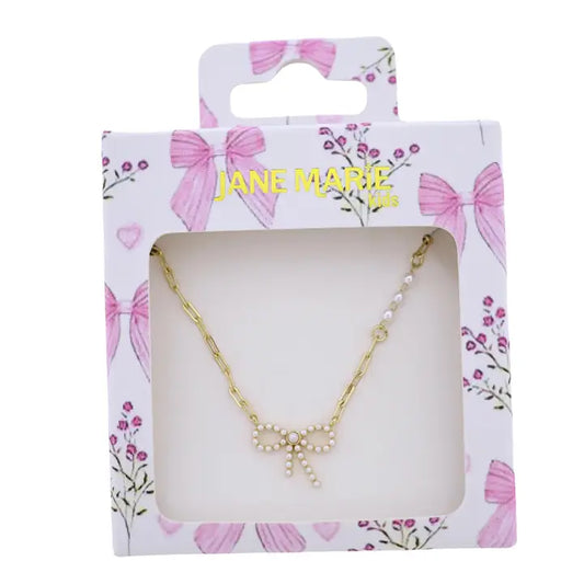 Jane Marie Kids Gold Paperclip Chain Necklace with Pearl Bow & Pearls
