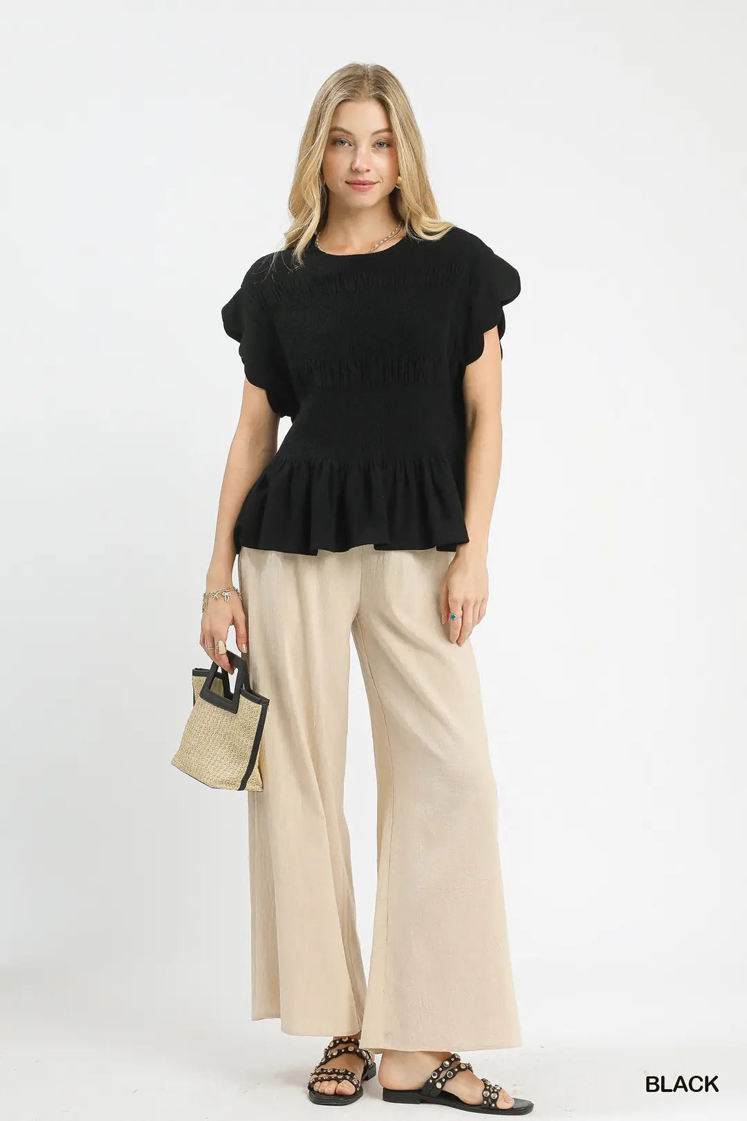 Umgee Linen Blend Smocked Peplum Top-Black