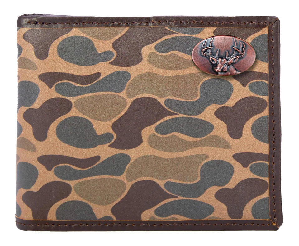 ZEP-PRO BUCK MEN'S BIFOLD OLD SCHOOL CAMO LEATHER WALLET.