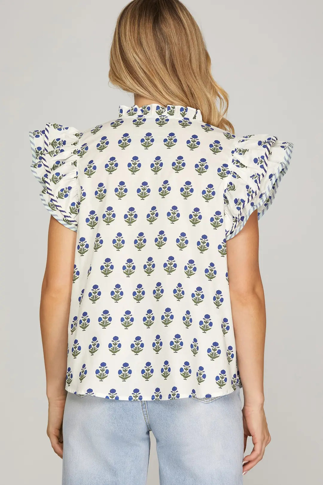 SHE + SKY RUFFLED SLEEVE WOVEN PRINTED TOP-OFF WHITE