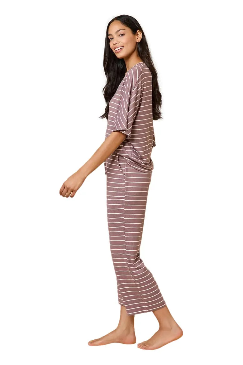 Softies Dream Relaxed V-neck with Capri Lounge Set-Driftwood Stripe