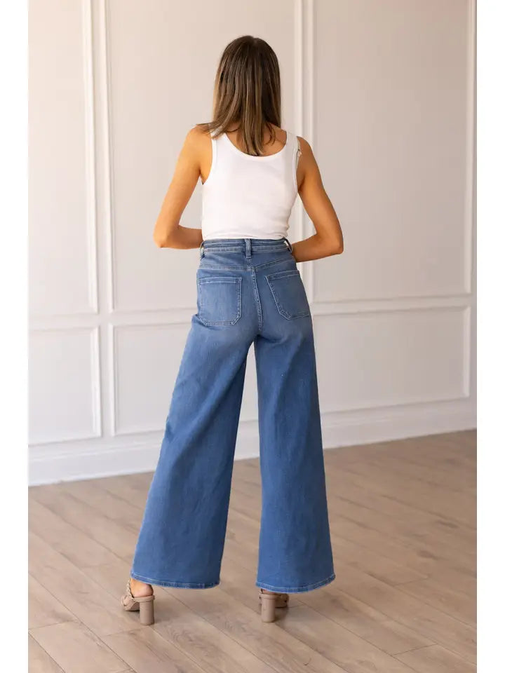 Grace + Emma Medium Wash Wide Leg Flare with Front Pockets