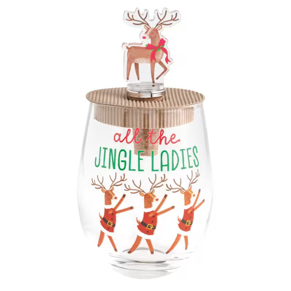 MUD PIE REINDEER WINE GLASS & STOPPER SET