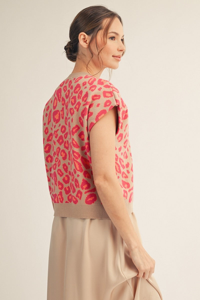 Jodifl Front Knot Accent Leopard Sweater Top-Hot Pink