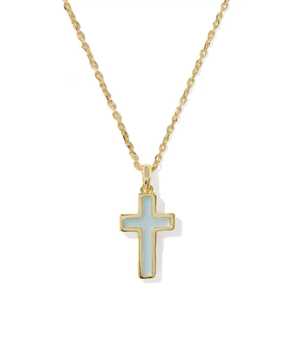 KENDRA SCOTT CROSS PENDANT NECKLACE GOLD MATTE LIGHT BLUE DICHROIC GLASS
