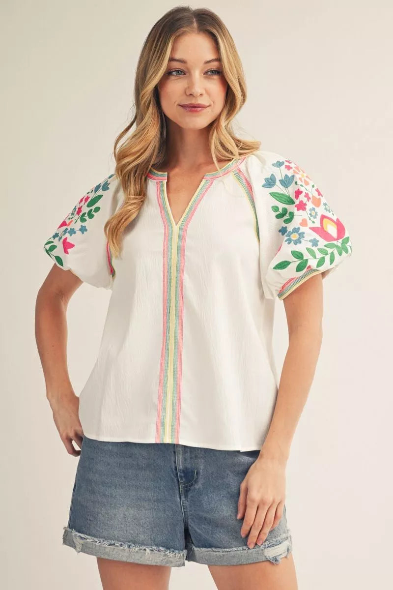 Jodifl Short Puff Sleeves Notched V Neck Top