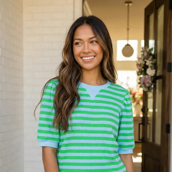 Las Stripe Puff Sleeve T Shirt Matching Shorts Set