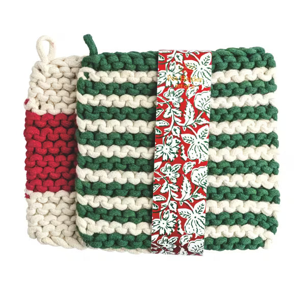 MUD PIE GREEN STRIPE POT HOLDER SET