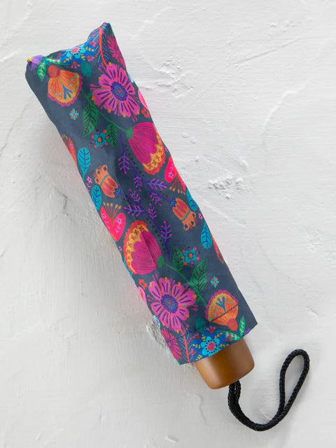 Natural Life Fold Up Umbrella-Navy Folk Flower