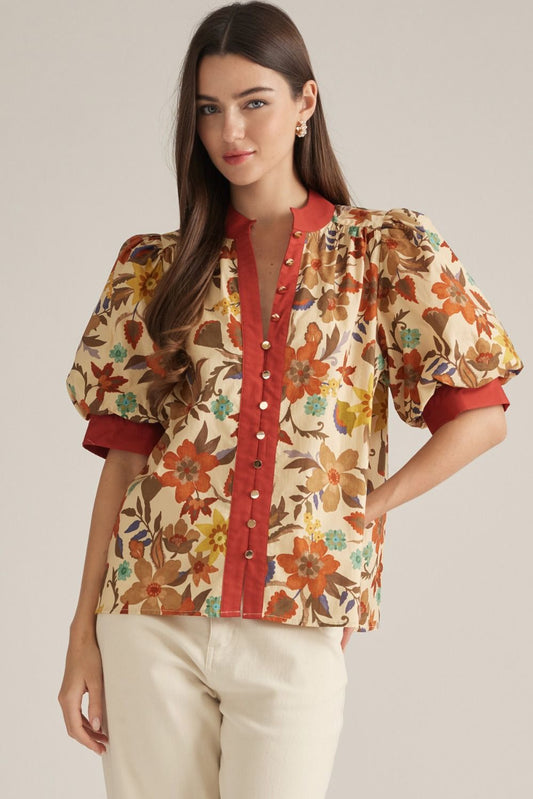 Entro Printed Short Puff Sleeve Top