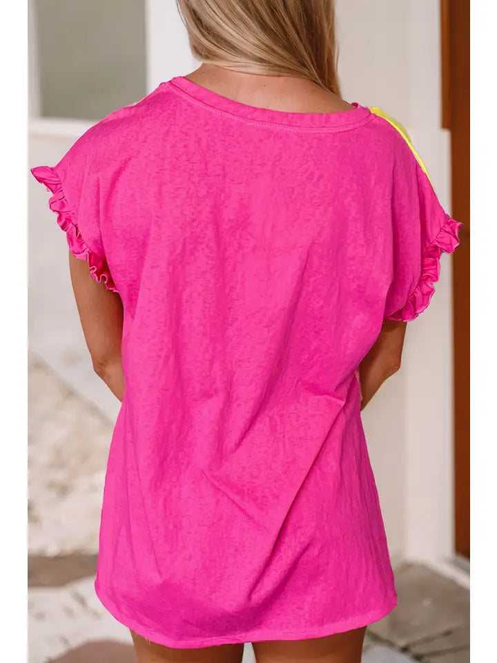 Color Block Ruffled Crew Neck Loose Fit T Shirt