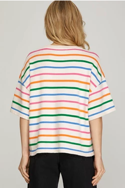 SHE & SKY SHORT SLEEVE MULTI STRIPED SWEATER TOP