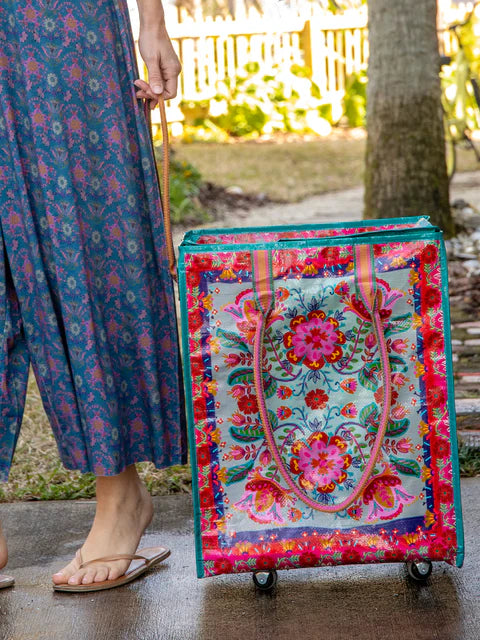 Natural Life Rolling Tote Bag-Red Folk Flower