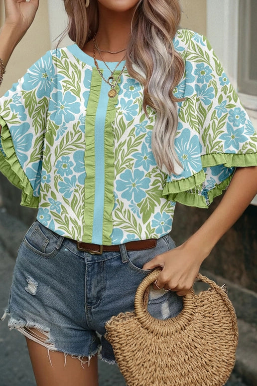 Floral Printed Lace Decorative Shorts Sleeve Top