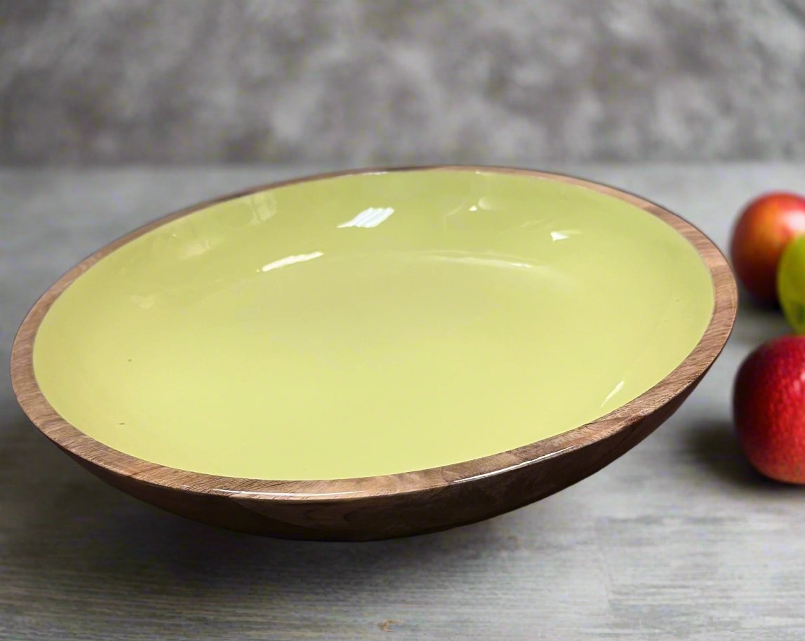 My Savory Table Acacia Wood and Enamel Round Serving Bowl-Chartreuse