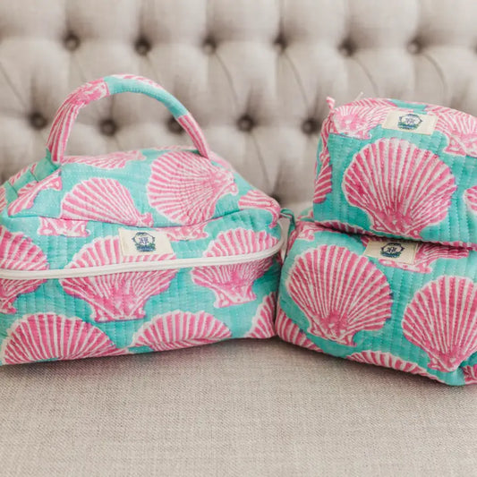 Heart of Grace Sanibel Pink Shell Quilted Cosmetic Bags-Set of 3