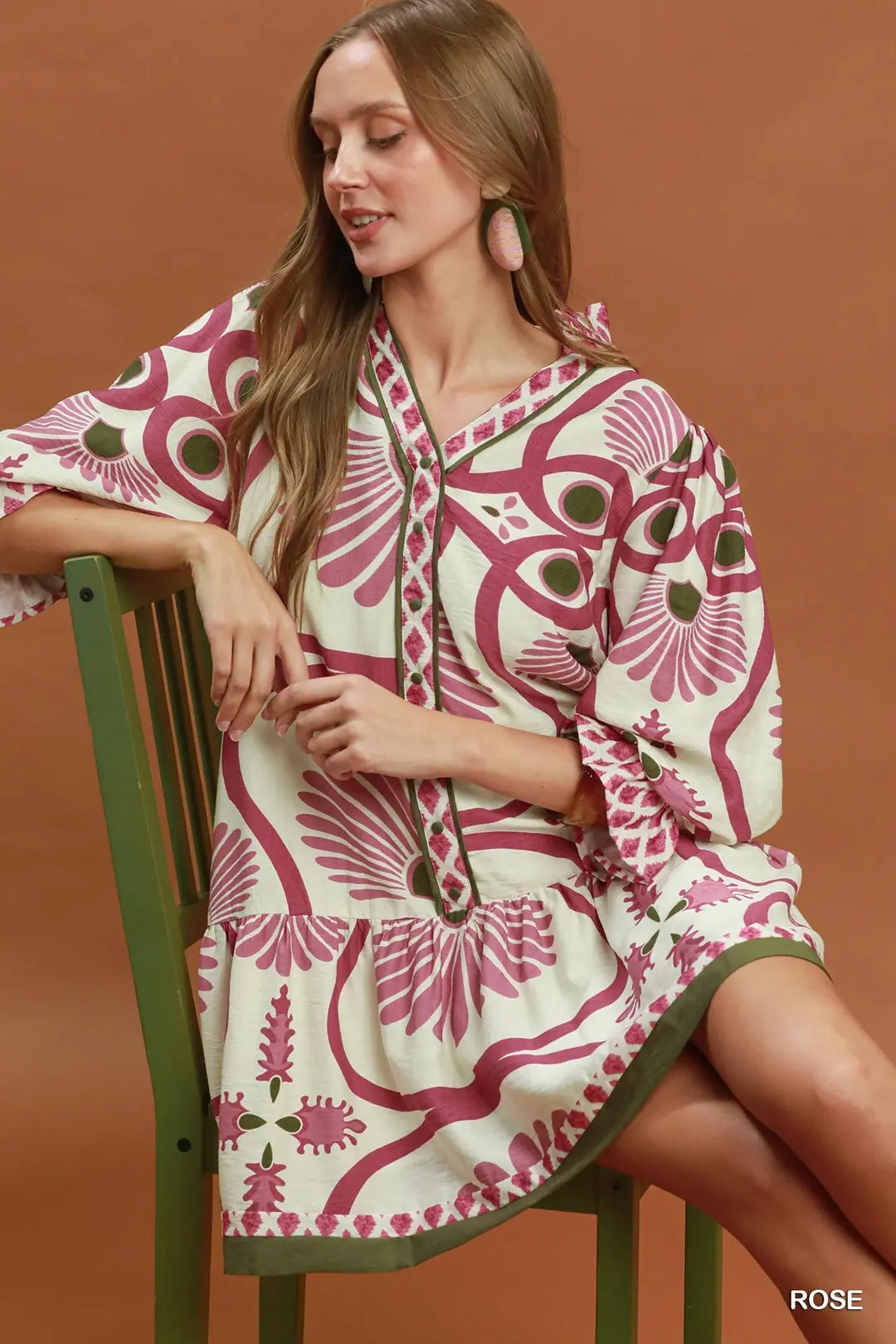 Umgee Abstract Print Button Front Babydoll Dress