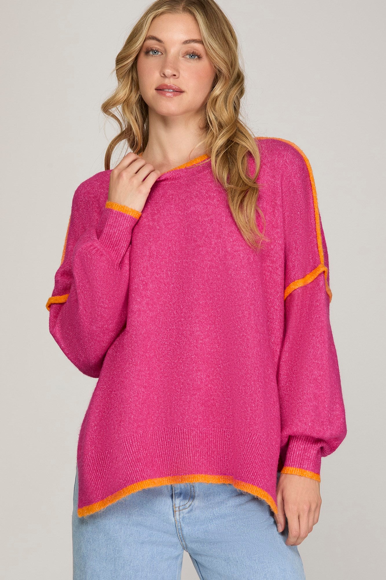 SHE & SKY LONG SLEEVE CONTRAST SWEATER TOP-HOT PINK