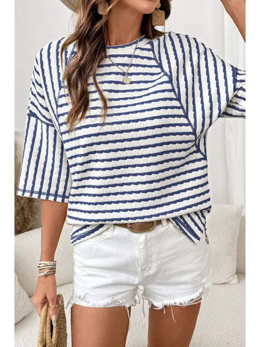 Stripe Textured Knit Split Hem Half Sleeve Top
