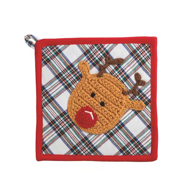 MUD PIE REINDEER TARTAN CROCHET TRIVET