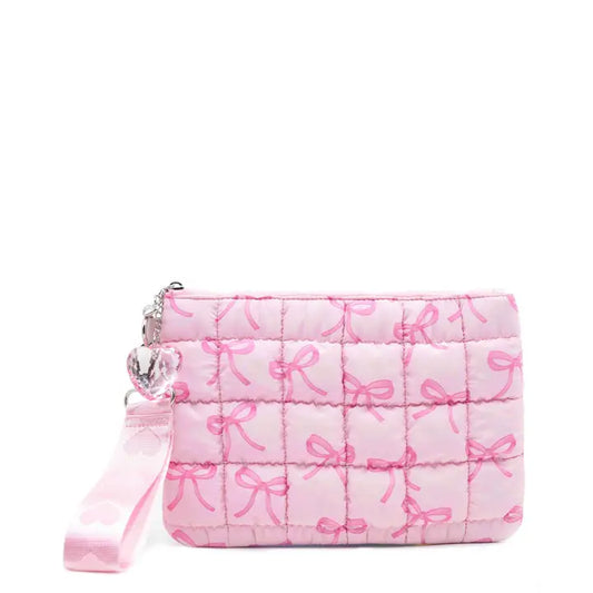 OMG Accessories Quilted Scrunchies Bow Print Wristlet with Heart Charm