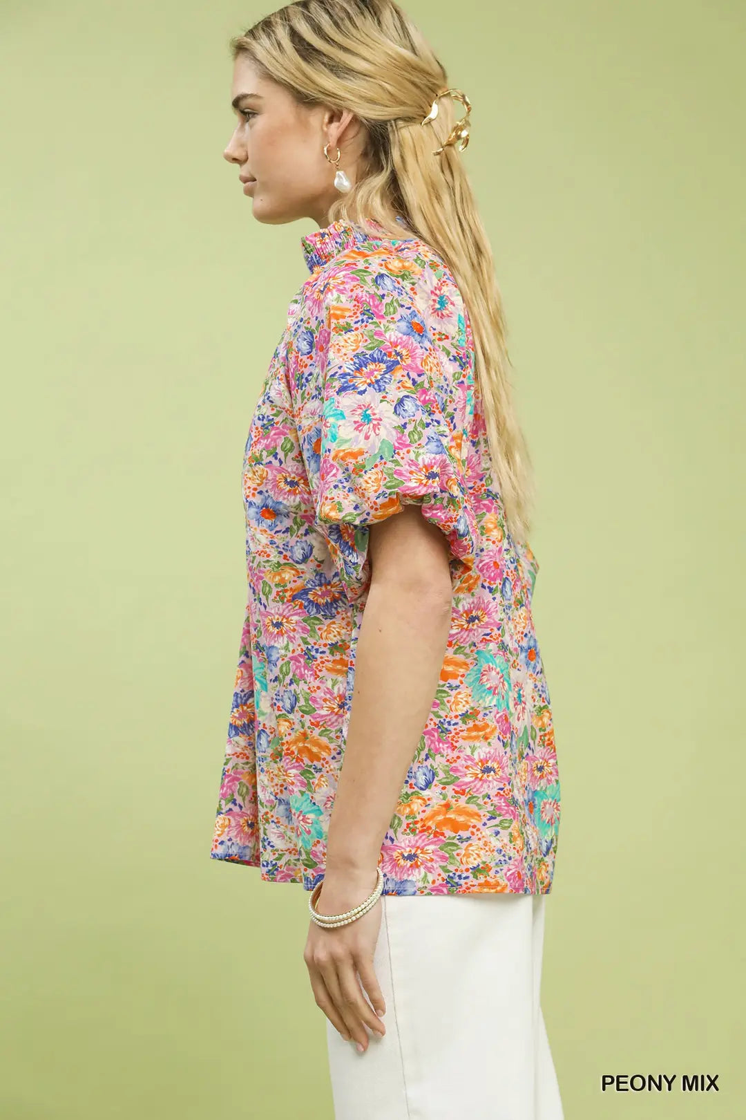 Umgee Mix Floral Short Sleeve Button-Front Top