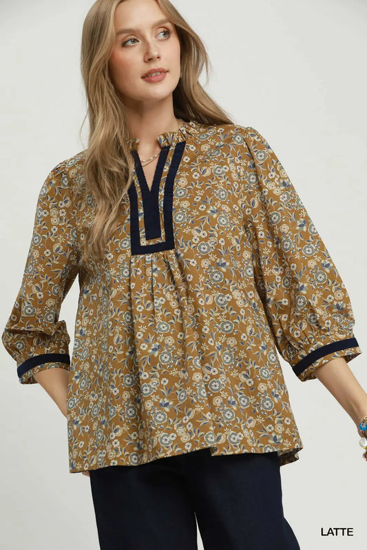 Umgee Floral Contrast Trim Peasant Blouse