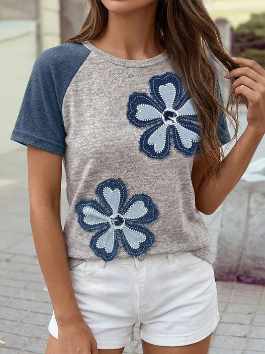 Floral Patchwork Colorblock Raglan Sleeve T Shirt