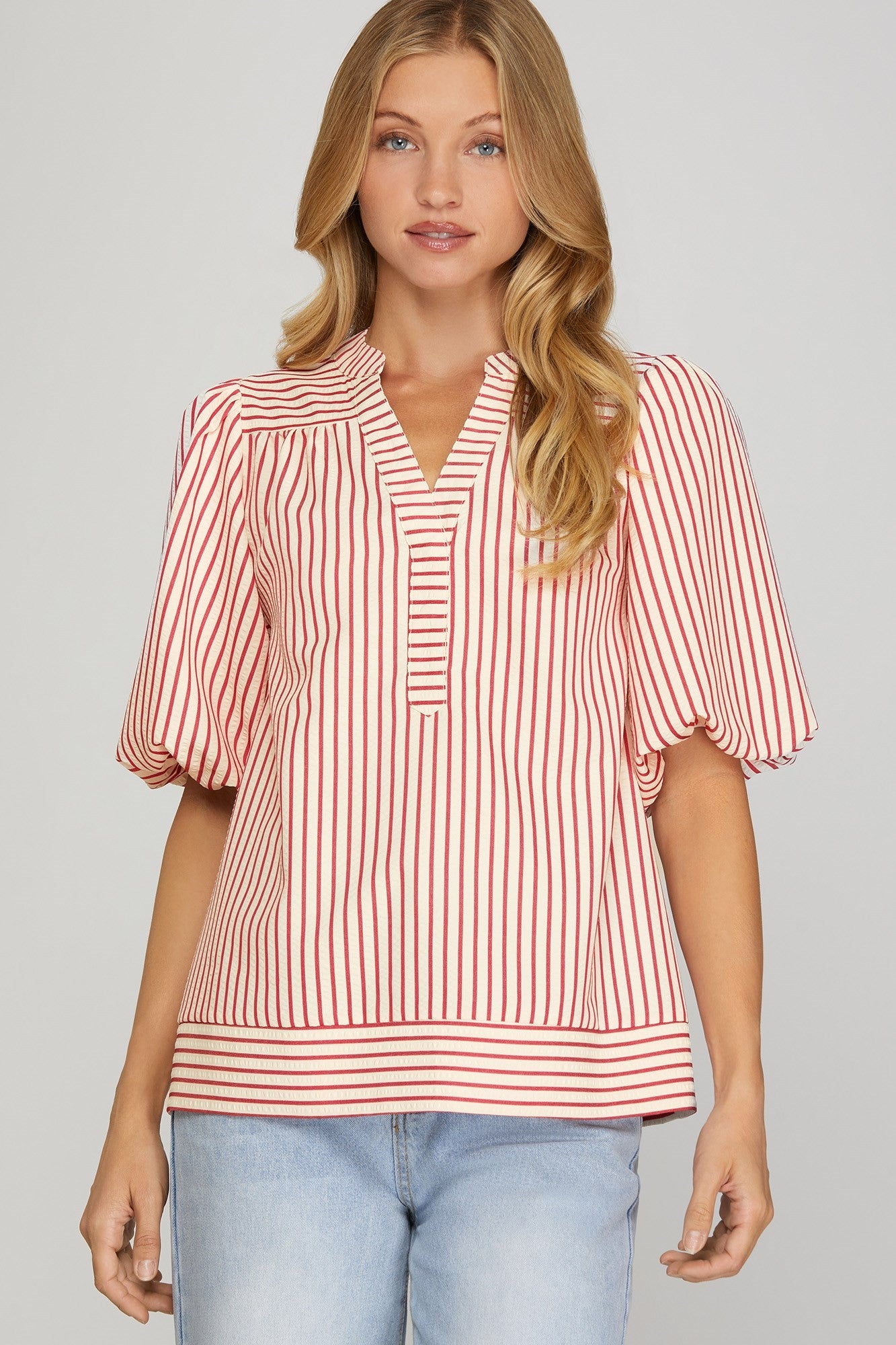 She + Sky Bubble Sleeve Striped Woven Top-Red