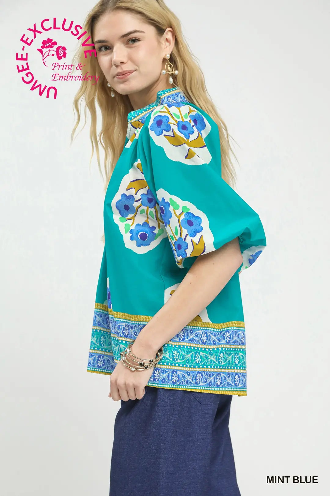 Umgee Boho-Chic Floral Print Blouse-Mint Blue