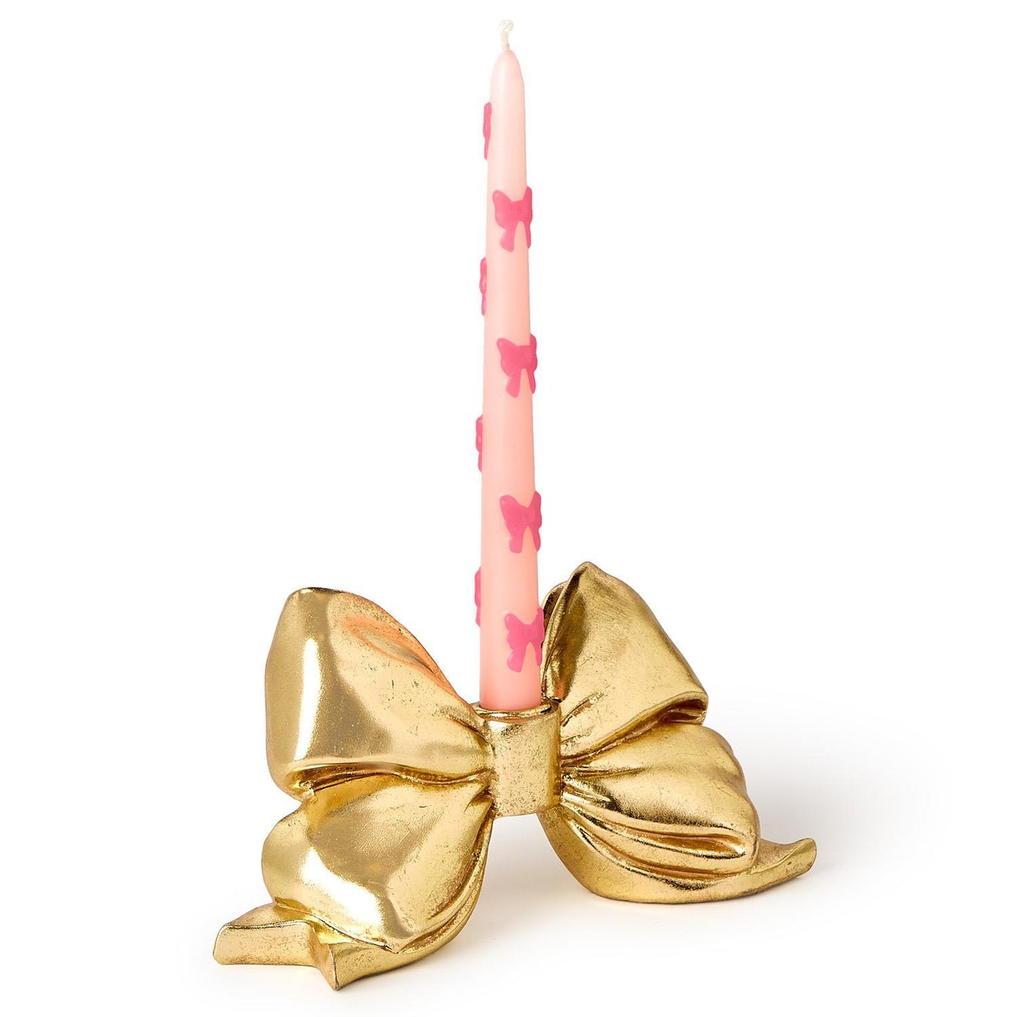TWO'S COMPANY LARGE GOLD BOW TAPER CANDLEHOLDER
