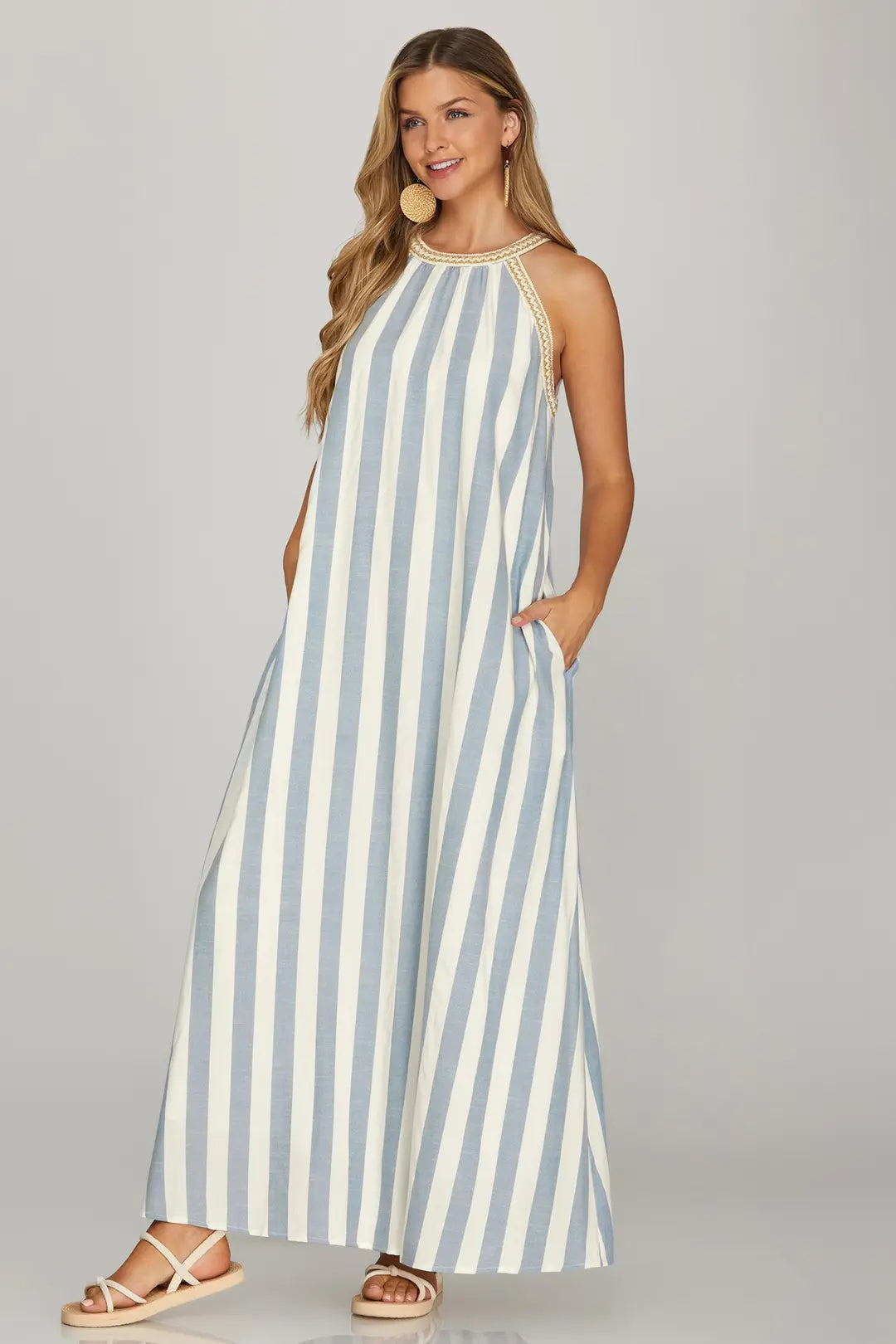 SHE + SKY HALTER NECK WITH TRIM STRIPE WOVEN A LINE MAXI DRESS WITH POCKETS-NAVY