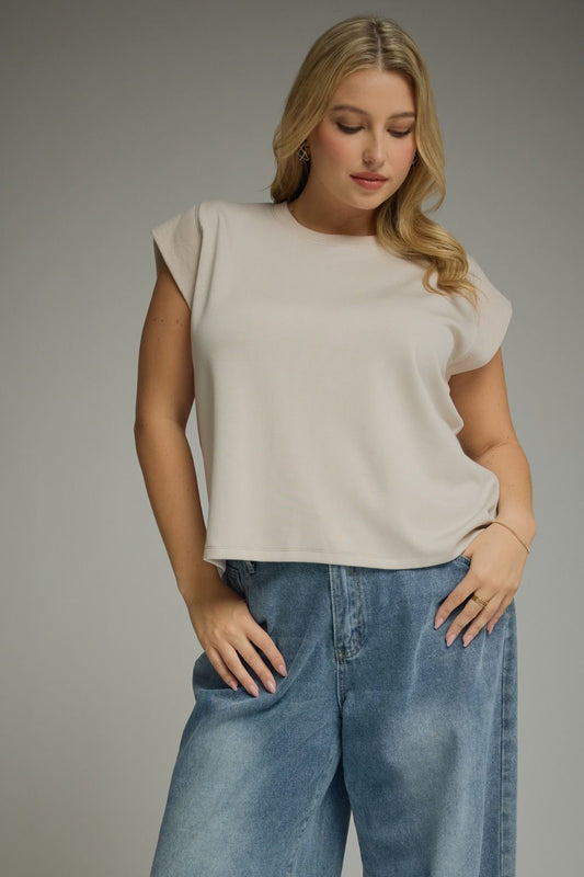 Entro Solid Round Neck Cap Sleeve Top