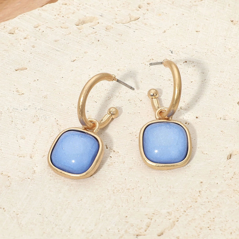 Square Stone Drop Hoop Earrings-Blue, Worn Gold