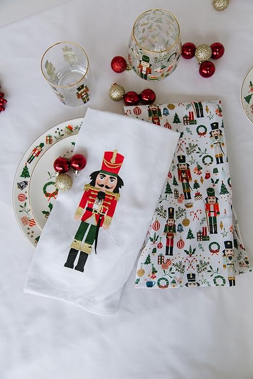 Mary Square Nutcracker Pattern Festive Red and Green 13.5 x 6 All Cotton Kitchen Bathroom Christmas Hand Tea Towel