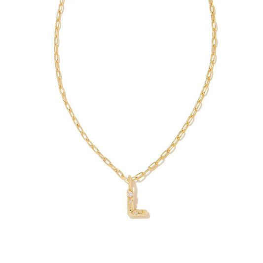 KENDRA SCOTT CRYSTAL LETTER L SHORT PENDANT NECKLACE GOLD WHITE CZ
